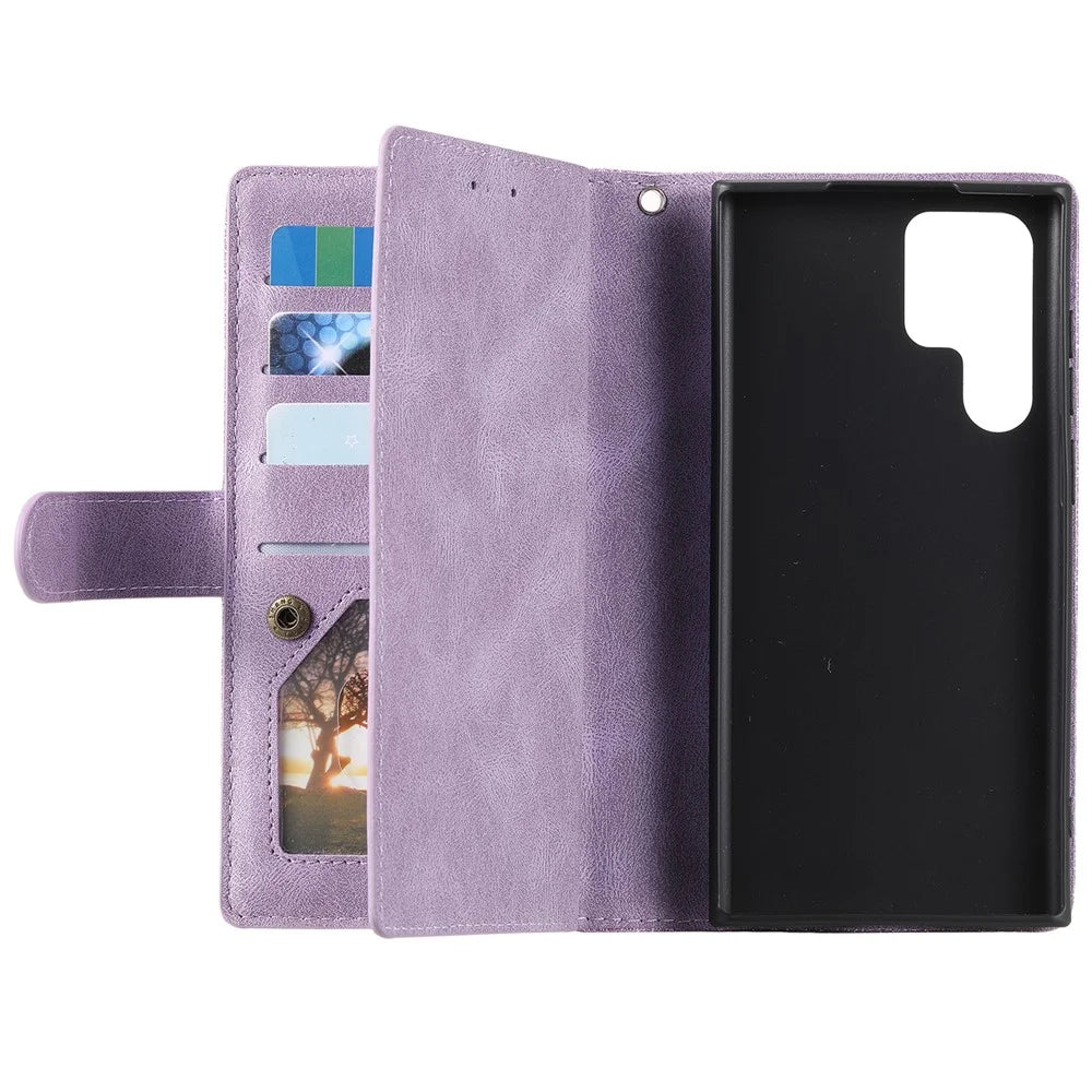 9 Card Slots Zipper Pocket PU Leather Stand Wallet Phone Case Cover with Wrist Strap for Samsung Galaxy S22 Ultra 5G - Purple - 5
