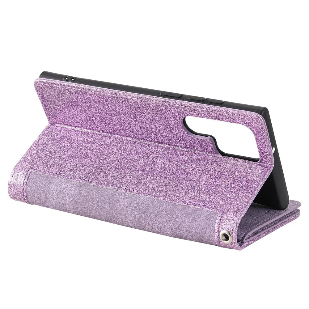 9 Card Slots Zipper Pocket PU Leather Stand Wallet Phone Case Cover with Wrist Strap for Samsung Galaxy S22 Ultra 5G - Purple - 6
