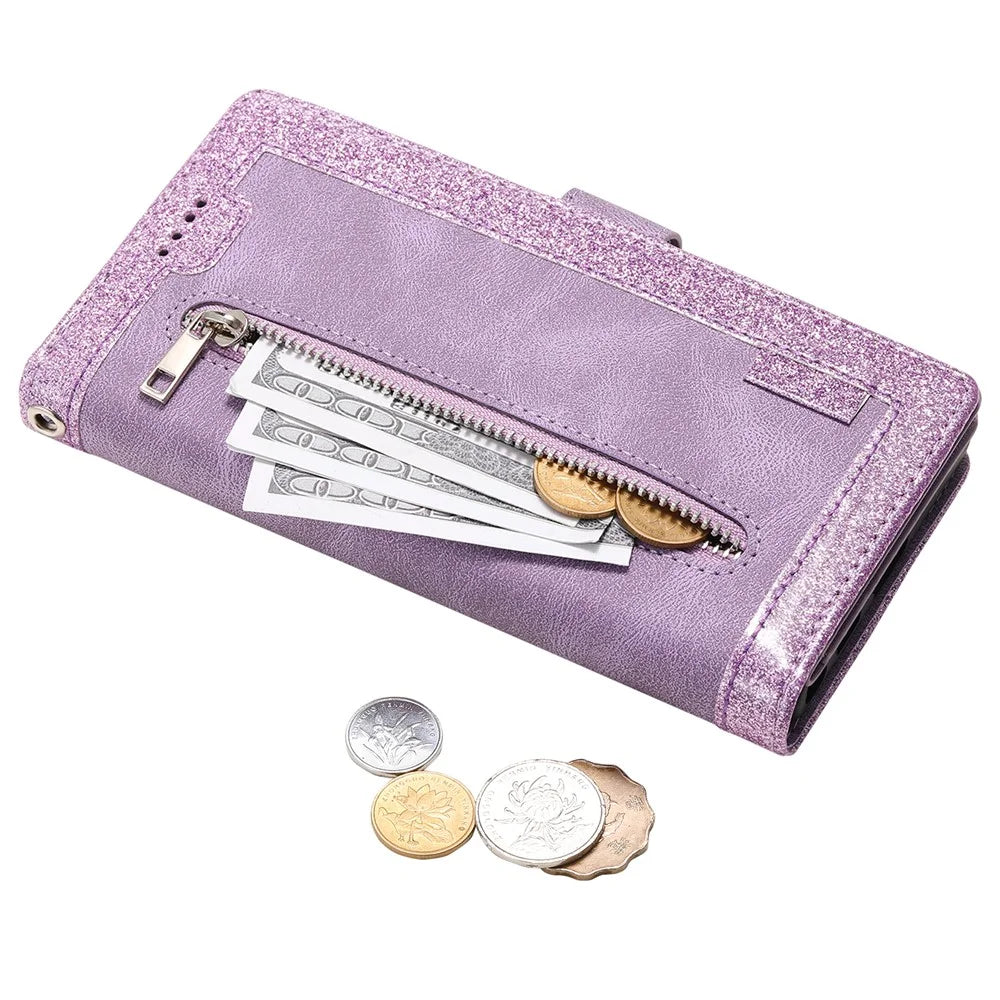9 Card Slots Zipper Pocket PU Leather Stand Wallet Phone Case Cover with Wrist Strap for Samsung Galaxy S22 Ultra 5G - Purple - 7