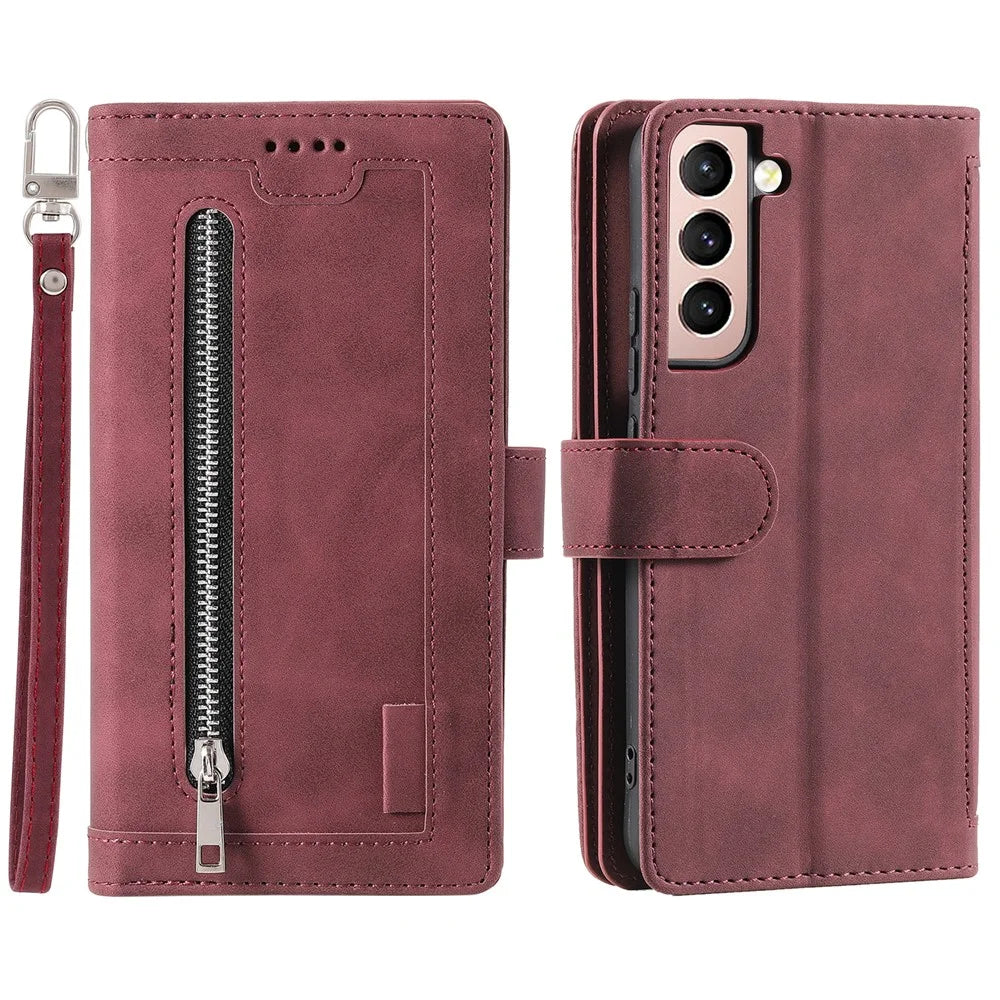 9 Card Slots PU Leather + TPU Foldable Stand Wallet Phone Case Cover with Zipper Pocket for Samsung Galaxy S22+ 5G - Wine Red - 1