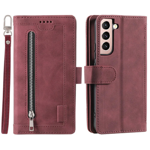 9 Card Slots PU Leather + TPU Foldable Stand Wallet Phone Case Cover with Zipper Pocket for Samsung Galaxy S22+ 5G - Wine Red - 1