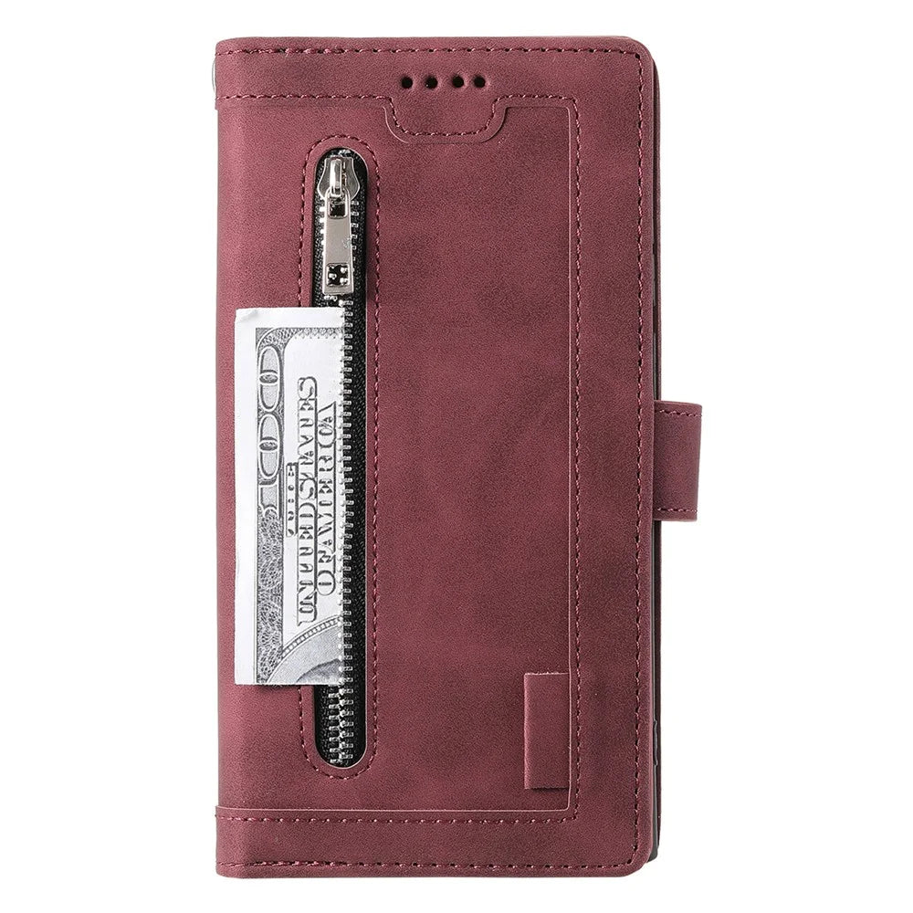 9 Card Slots PU Leather + TPU Foldable Stand Wallet Phone Case Cover with Zipper Pocket for Samsung Galaxy S22+ 5G - Wine Red - 2