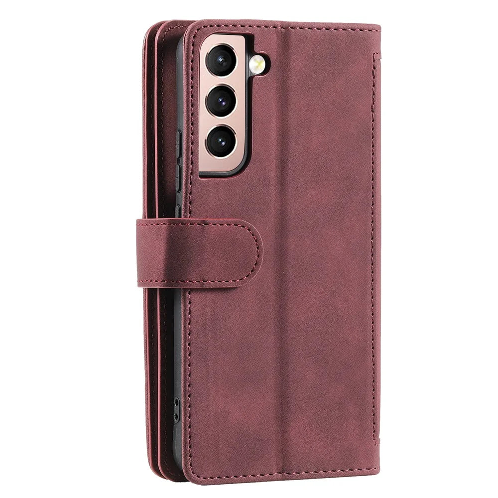 9 Card Slots PU Leather + TPU Foldable Stand Wallet Phone Case Cover with Zipper Pocket for Samsung Galaxy S22+ 5G - Wine Red - 3