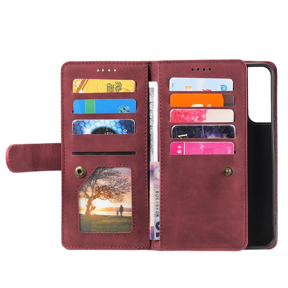9 Card Slots PU Leather + TPU Foldable Stand Wallet Phone Case Cover with Zipper Pocket for Samsung Galaxy S22+ 5G - Wine Red - 4