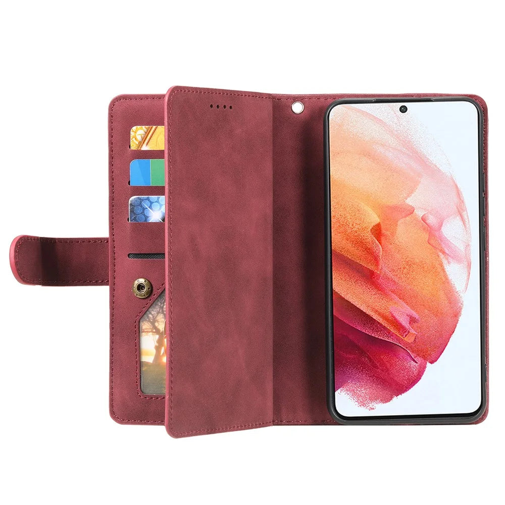 9 Card Slots PU Leather + TPU Foldable Stand Wallet Phone Case Cover with Zipper Pocket for Samsung Galaxy S22+ 5G - Wine Red - 5