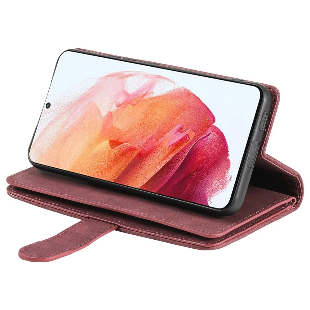 9 Card Slots PU Leather + TPU Foldable Stand Wallet Phone Case Cover with Zipper Pocket for Samsung Galaxy S22+ 5G - Wine Red - 6