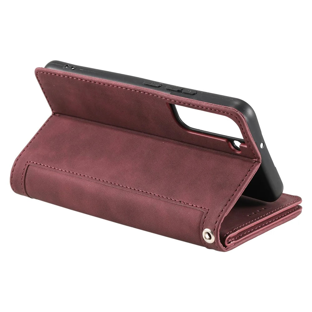 9 Card Slots PU Leather + TPU Foldable Stand Wallet Phone Case Cover with Zipper Pocket for Samsung Galaxy S22+ 5G - Wine Red - 7