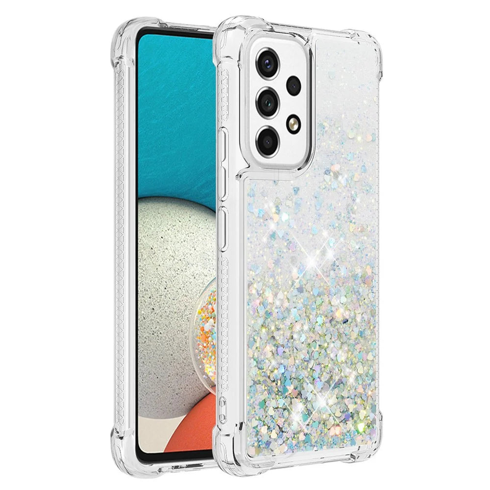 LE1 Series Glittering Sequins Quicksand TPU Cover Shell Drop-Proof Phone Protective Case for Samsung Galaxy A53 5G - Silver/Heart - 1