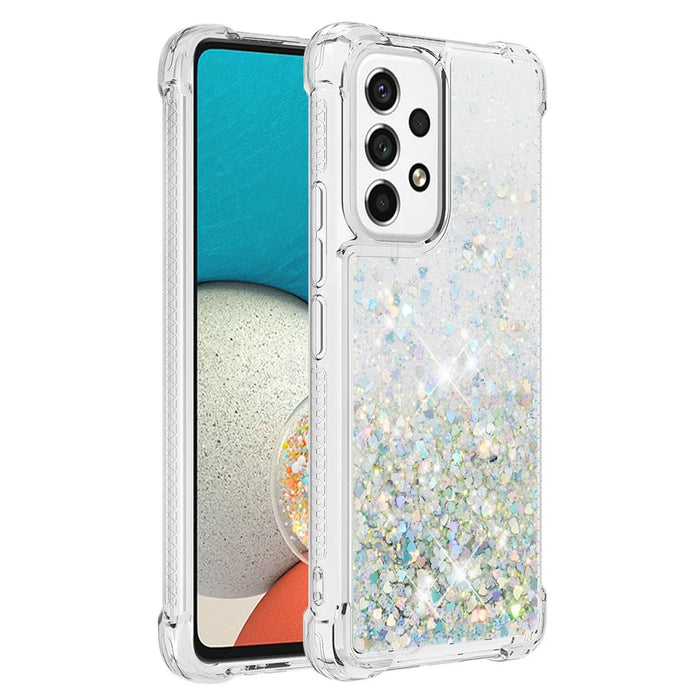 LE1 Series Glittering Sequins Quicksand TPU Cover Shell Drop-Proof Phone Protective Case for Samsung Galaxy A53 5G - Silver/Heart - 1