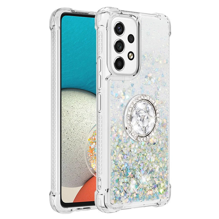 LE1-2 Series Quicksand Ring Kickstand TPU Cover Glittering Sequins Shiny Phone Protective Case for Samsung Galaxy A53 5G - Silver/Heart - 1