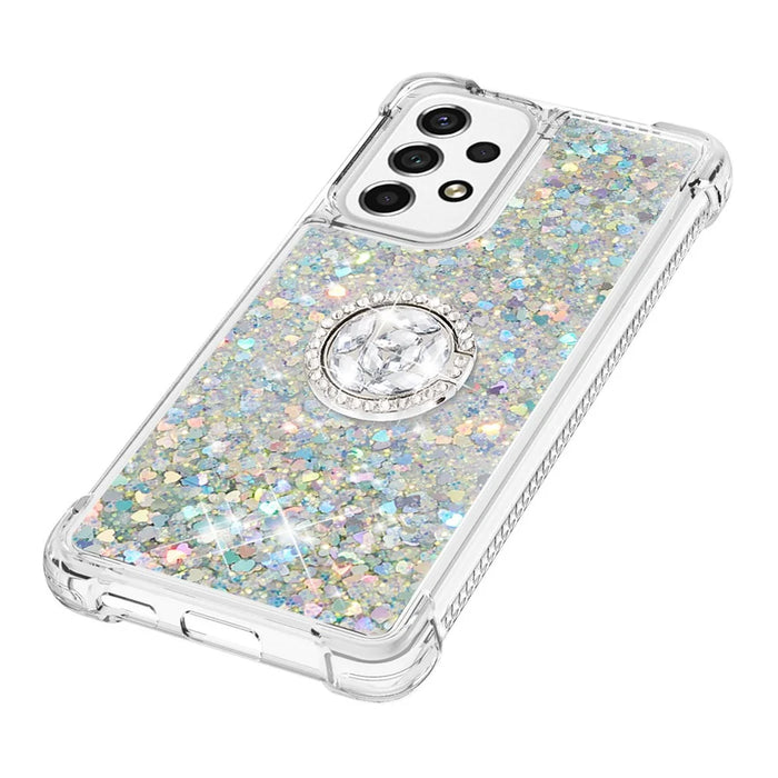 LE1-2 Series Quicksand Ring Kickstand TPU Cover Glittering Sequins Shiny Phone Protective Case for Samsung Galaxy A53 5G - Silver/Heart - 5