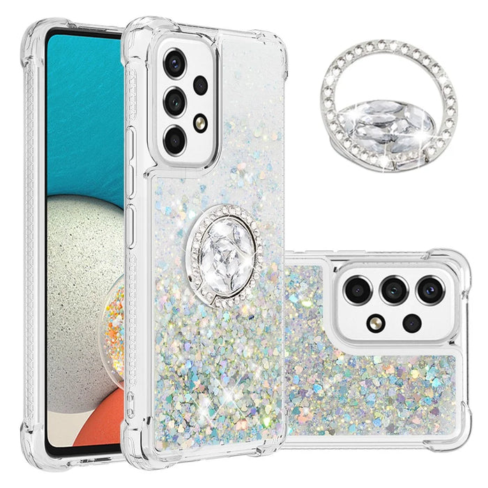 LE1-2 Series Quicksand Ring Kickstand TPU Cover Glittering Sequins Shiny Phone Protective Case for Samsung Galaxy A53 5G - Silver/Heart - 7