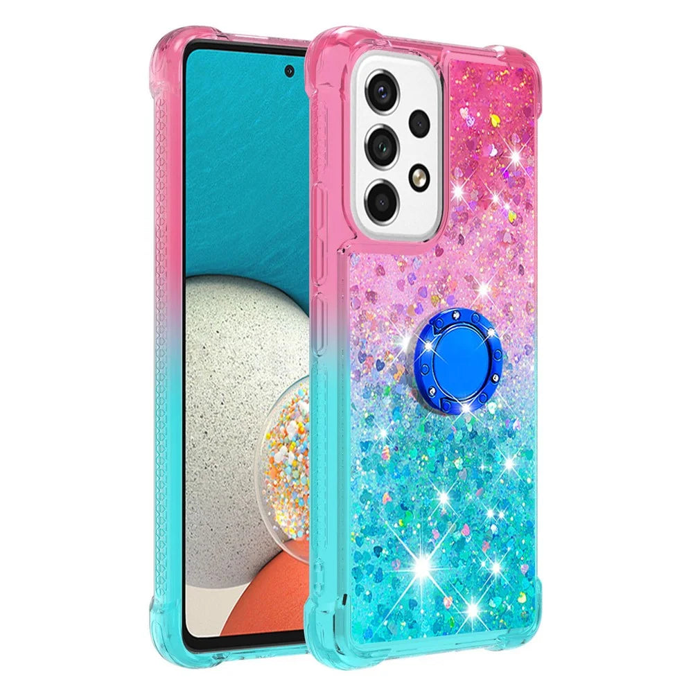 LE3-2 Series Dynamic Quicksand Kickstand TPU Cover Shell Glittering Sequins Quicksand Anti-Scratch Phone Protective Case for Samsung Galaxy A53 5G - Pink/Sky Blue - 1