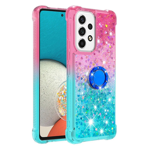 LE3-2 Series Dynamic Quicksand Kickstand TPU Cover Shell Glittering Sequins Quicksand Anti-Scratch Phone Protective Case for Samsung Galaxy A53 5G - Pink/Sky Blue - 1