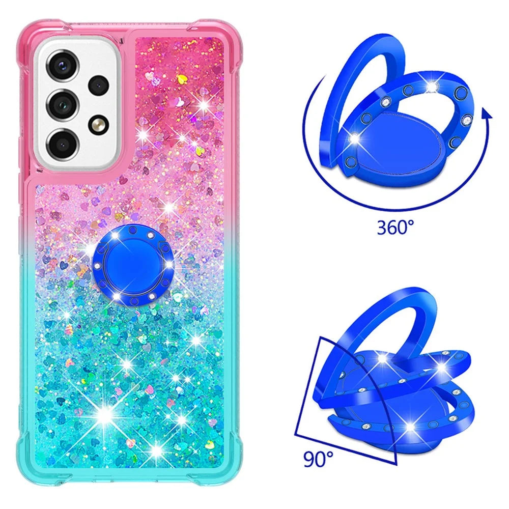 LE3-2 Series Dynamic Quicksand Kickstand TPU Cover Shell Glittering Sequins Quicksand Anti-Scratch Phone Protective Case for Samsung Galaxy A53 5G - Pink/Sky Blue - 2
