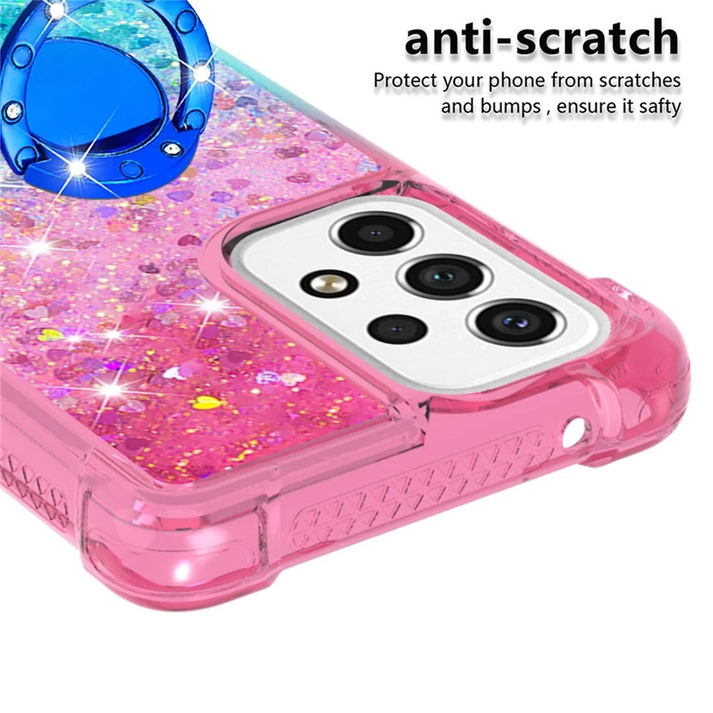 LE3-2 Series Dynamic Quicksand Kickstand TPU Cover Shell Glittering Sequins Quicksand Anti-Scratch Phone Protective Case for Samsung Galaxy A53 5G - Pink/Sky Blue - 3