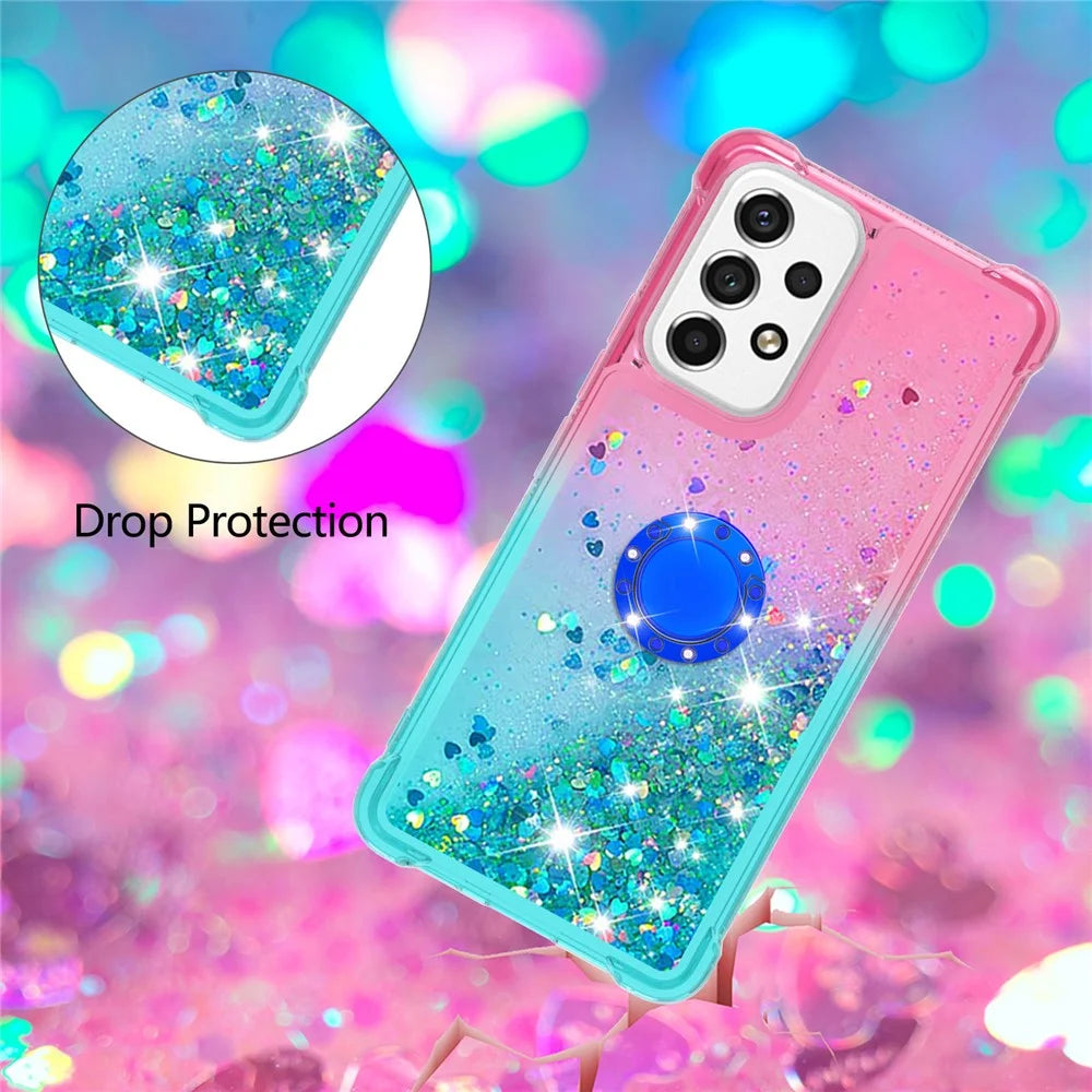 LE3-2 Series Dynamic Quicksand Kickstand TPU Cover Shell Glittering Sequins Quicksand Anti-Scratch Phone Protective Case for Samsung Galaxy A53 5G - Pink/Sky Blue - 4