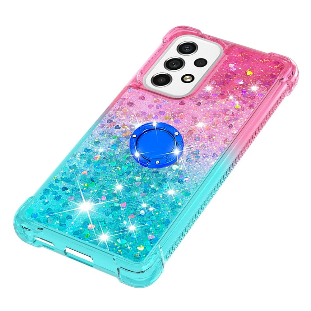LE3-2 Series Dynamic Quicksand Kickstand TPU Cover Shell Glittering Sequins Quicksand Anti-Scratch Phone Protective Case for Samsung Galaxy A53 5G - Pink/Sky Blue - 5