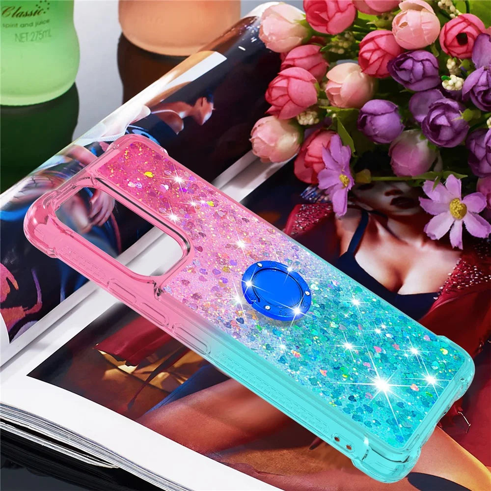 LE3-2 Series Dynamic Quicksand Kickstand TPU Cover Shell Glittering Sequins Quicksand Anti-Scratch Phone Protective Case for Samsung Galaxy A53 5G - Pink/Sky Blue - 6