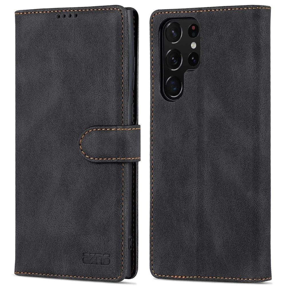 AZNS Scratch-resistant PU Leather Wallet Stand Phone Case Cover for Samsung Galaxy S22 Ultra 5G - Black - 1