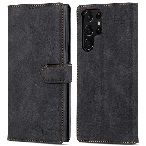 AZNS Scratch-resistant PU Leather Wallet Stand Phone Case Cover for Samsung Galaxy S22 Ultra 5G - Black - 1
