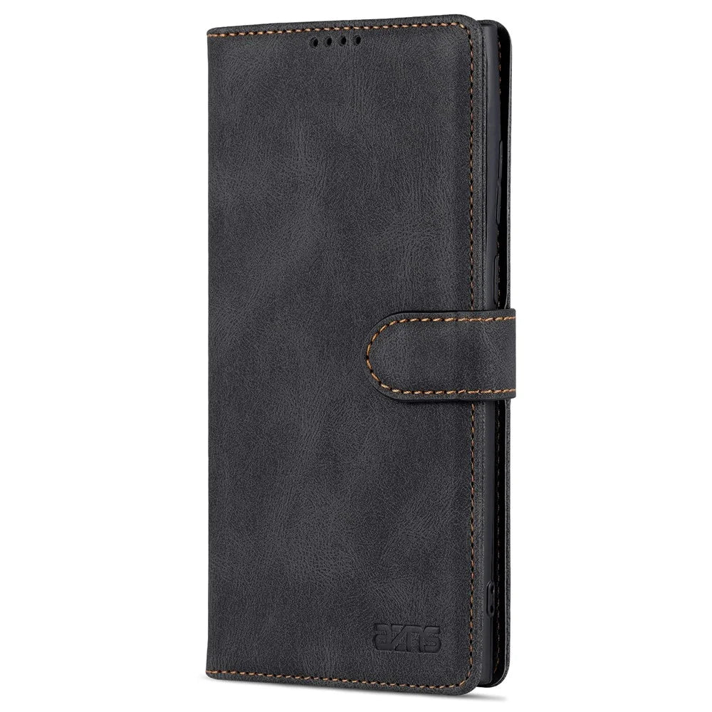 AZNS Scratch-resistant PU Leather Wallet Stand Phone Case Cover for Samsung Galaxy S22 Ultra 5G - Black - 2