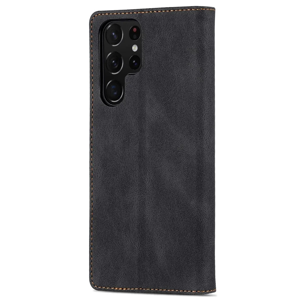 AZNS Scratch-resistant PU Leather Wallet Stand Phone Case Cover for Samsung Galaxy S22 Ultra 5G - Black - 3