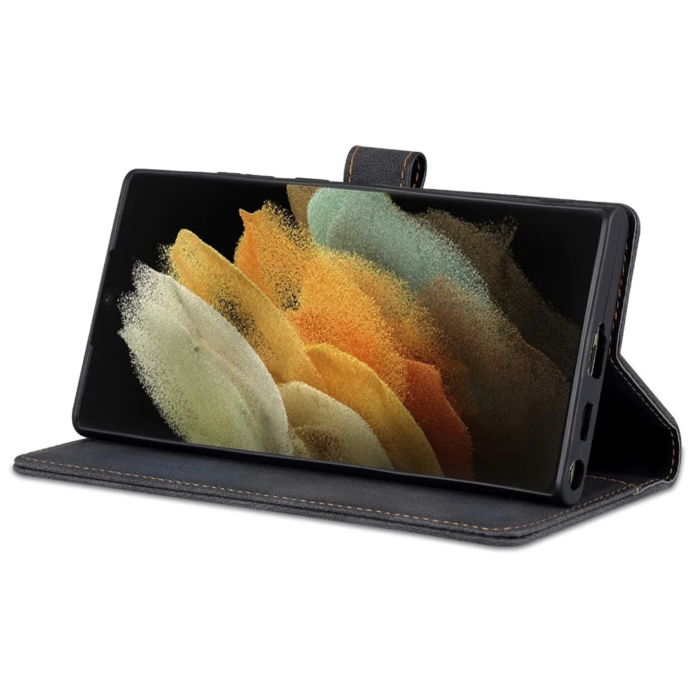AZNS Scratch-resistant PU Leather Wallet Stand Phone Case Cover for Samsung Galaxy S22 Ultra 5G - Black - 4