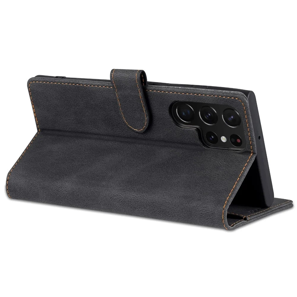 AZNS Scratch-resistant PU Leather Wallet Stand Phone Case Cover for Samsung Galaxy S22 Ultra 5G - Black - 5