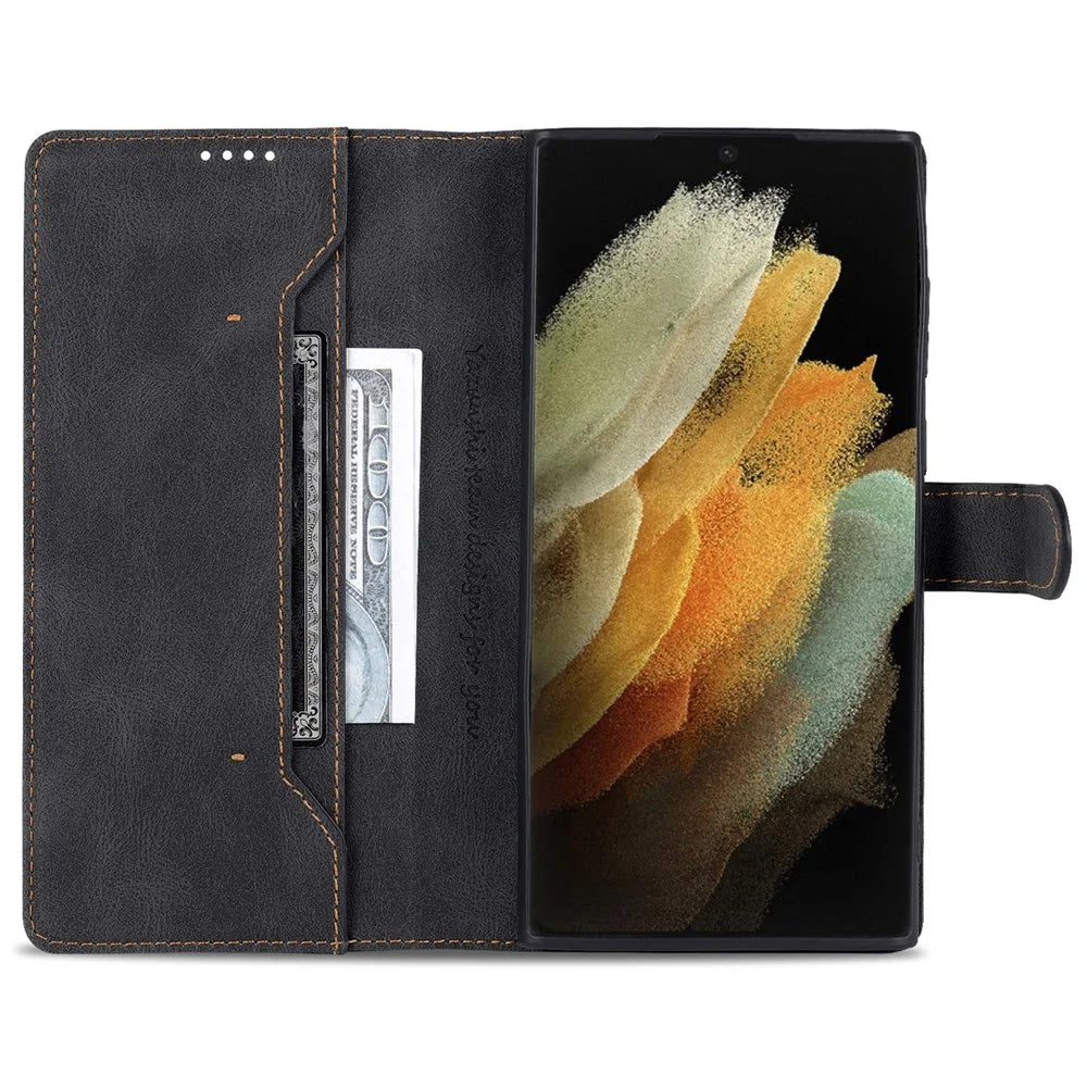 AZNS Scratch-resistant PU Leather Wallet Stand Phone Case Cover for Samsung Galaxy S22 Ultra 5G - Black - 6