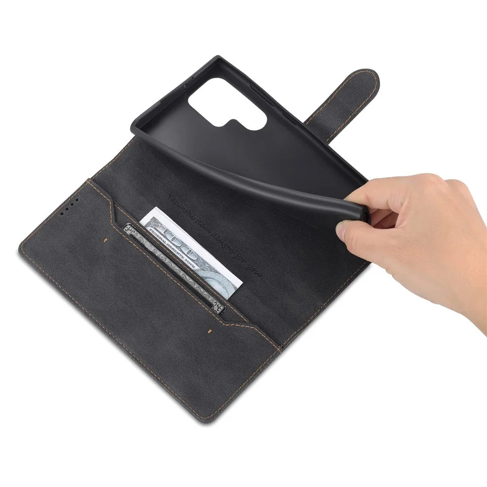 AZNS Scratch-resistant PU Leather Wallet Stand Phone Case Cover for Samsung Galaxy S22 Ultra 5G - Black - 7
