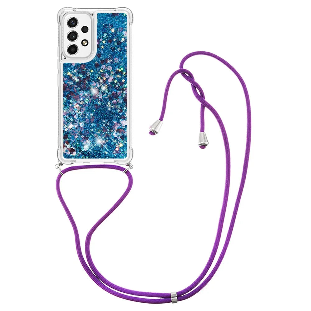 For Samsung Galaxy A53 5G TPU Case Quicksand Phone Cover with Lanyard - Blue / Heart - 1