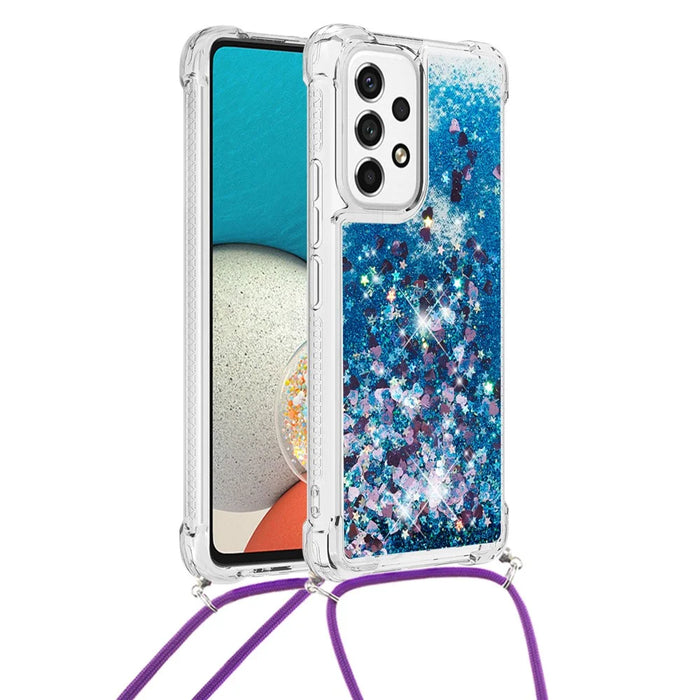 For Samsung Galaxy A53 5G TPU Case Quicksand Phone Cover with Lanyard - Blue / Heart - 2