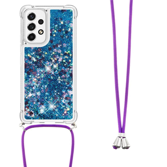 For Samsung Galaxy A53 5G TPU Case Quicksand Phone Cover with Lanyard - Blue / Heart - 3
