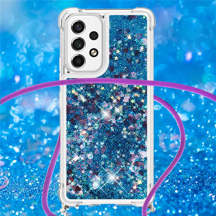 For Samsung Galaxy A53 5G TPU Case Quicksand Phone Cover with Lanyard - Blue / Heart - 4