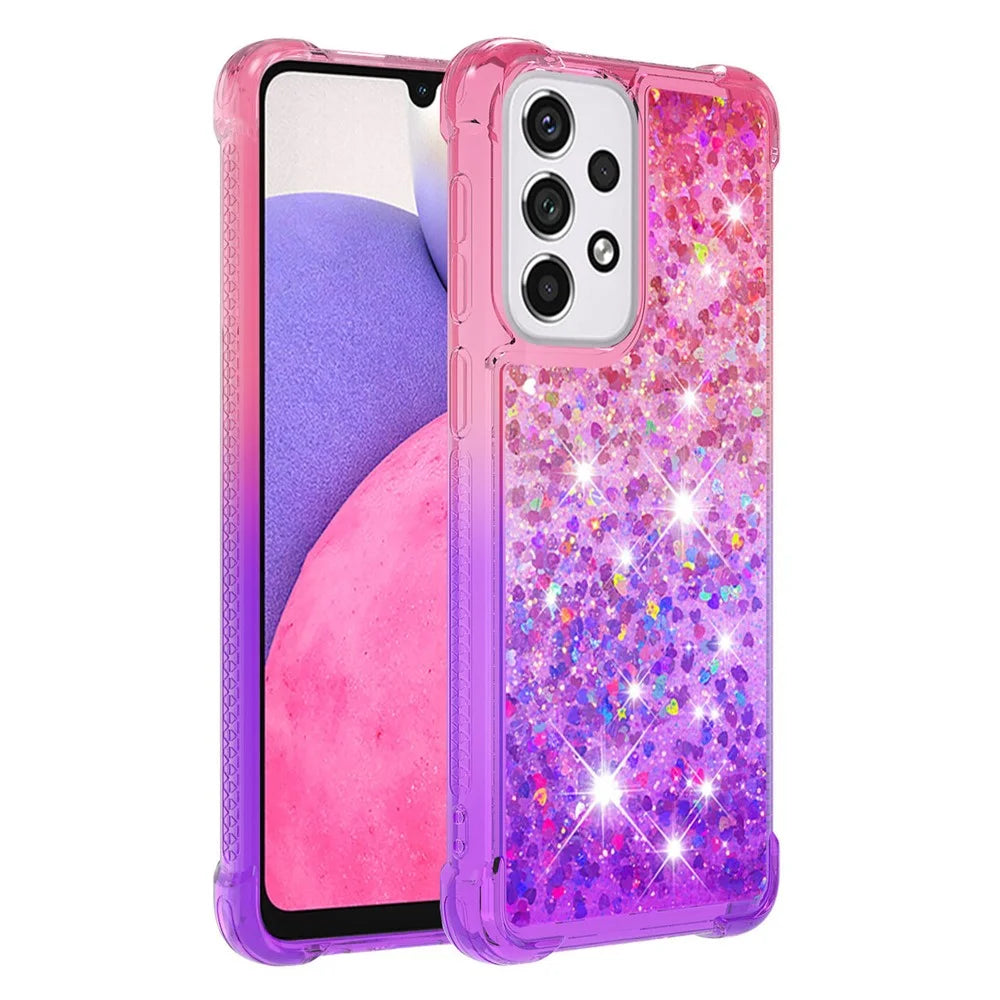 LE3 Series Gradient Glittering Sequins Quicksand TPU Cover Shell Dynamic Fun Phone Case for Samsung Galaxy A33 5G - Pink/Purple - 1