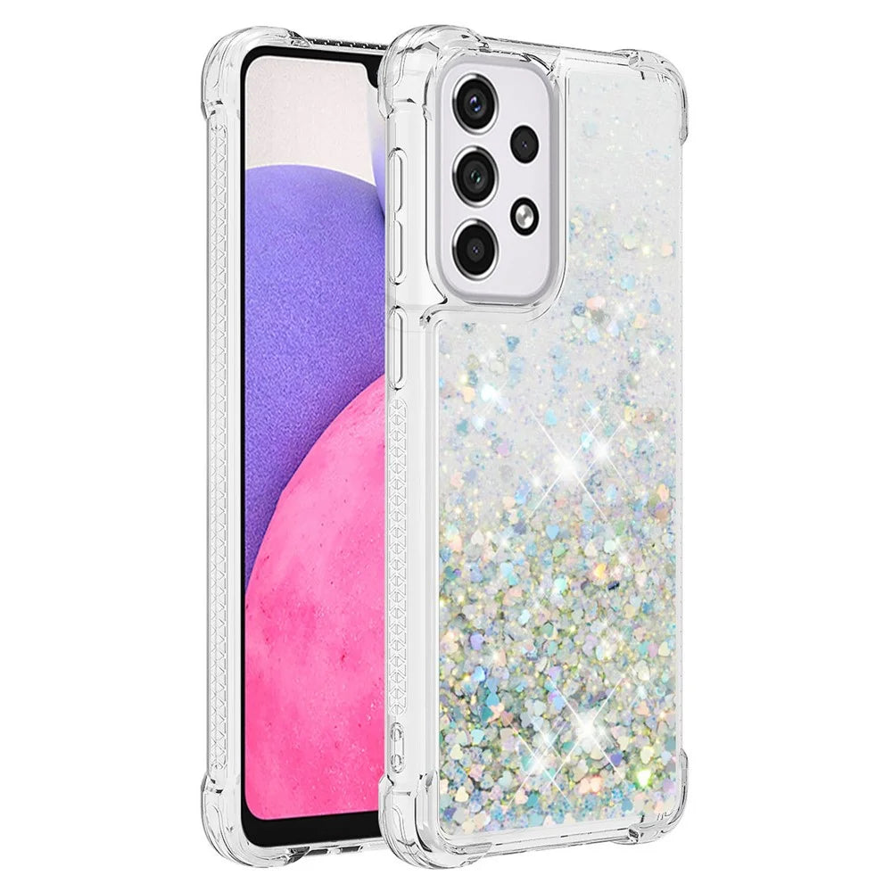 LE1 Series Quicksand TPU Protective Cover Shell Non-Yellowing Edging Glittering Sequins Quicksand Phone Case for Samsung Galaxy A33 5G - Silver/Heart - 1