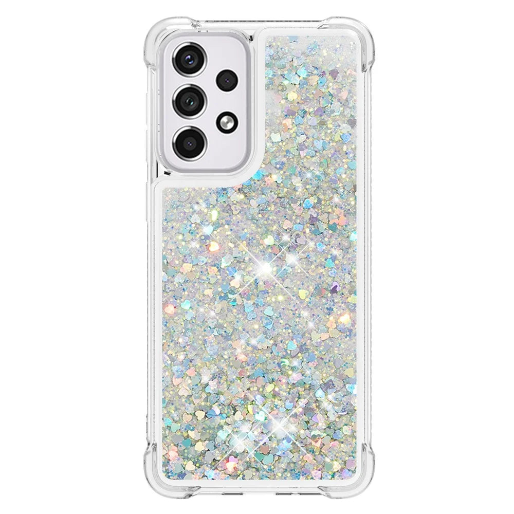 LE1 Series Quicksand TPU Protective Cover Shell Non-Yellowing Edging Glittering Sequins Quicksand Phone Case for Samsung Galaxy A33 5G - Silver/Heart - 2