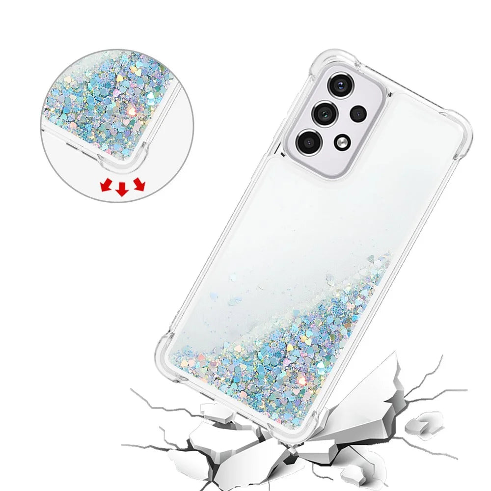 LE1 Series Quicksand TPU Protective Cover Shell Non-Yellowing Edging Glittering Sequins Quicksand Phone Case for Samsung Galaxy A33 5G - Silver/Heart - 4