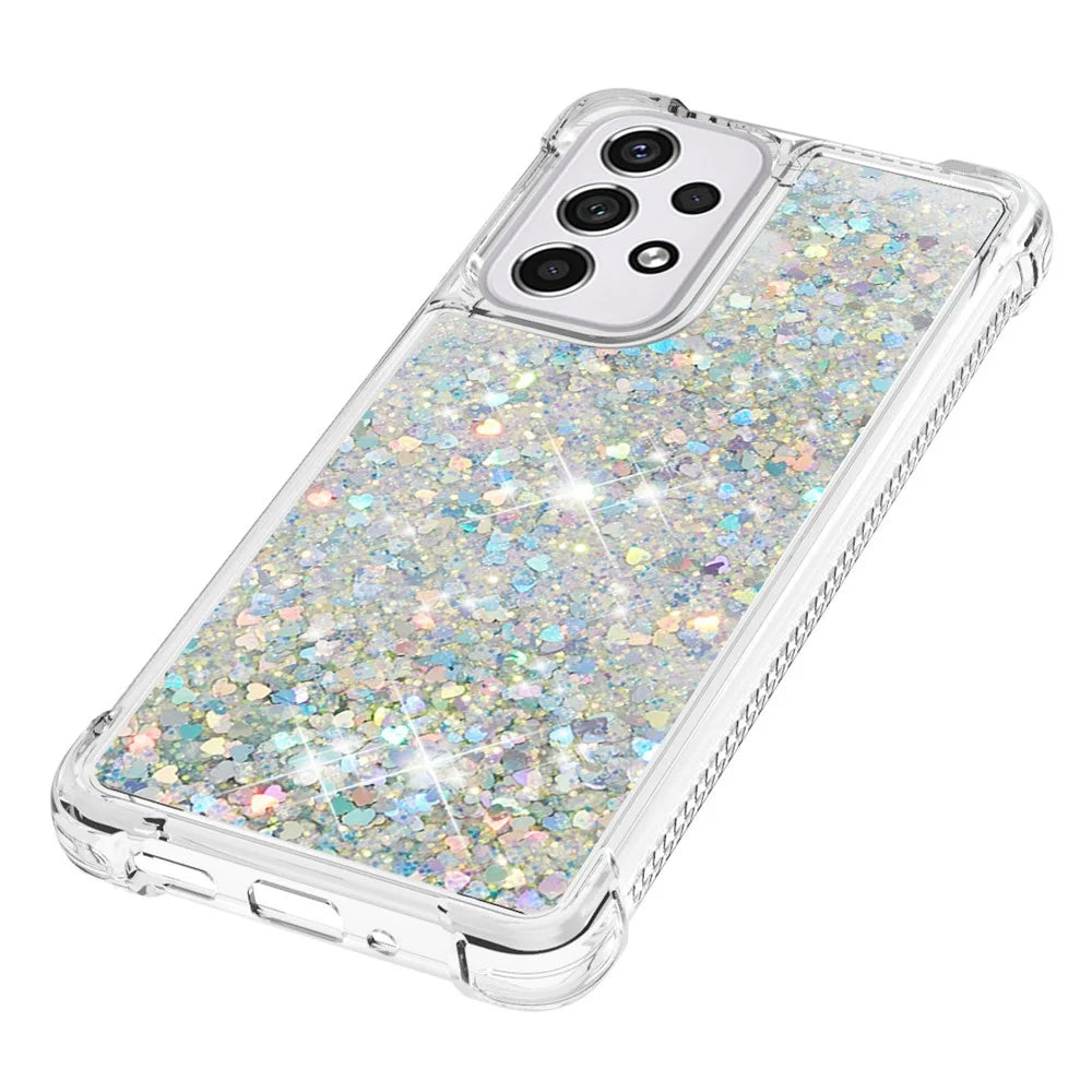 LE1 Series Quicksand TPU Protective Cover Shell Non-Yellowing Edging Glittering Sequins Quicksand Phone Case for Samsung Galaxy A33 5G - Silver/Heart - 5