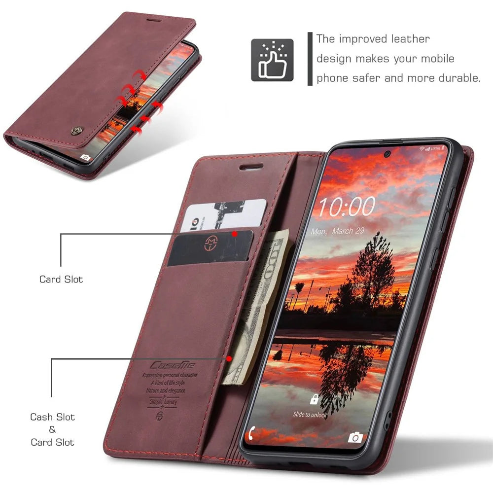 CASEME 013 Series Wallet Function PU Leather + TPU Mobile Phone Shell Auto-absorbed Magnetic Closing Case for Samsung Galaxy A33 5G - Red - 5