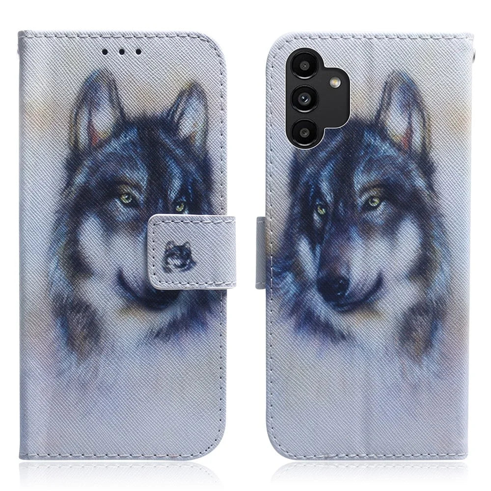 Wallet Stand Design Pattern Printing Dual Protective PU Leather + TPU Phone Case for Samsung Galaxy A13 4G - Wolf - 1