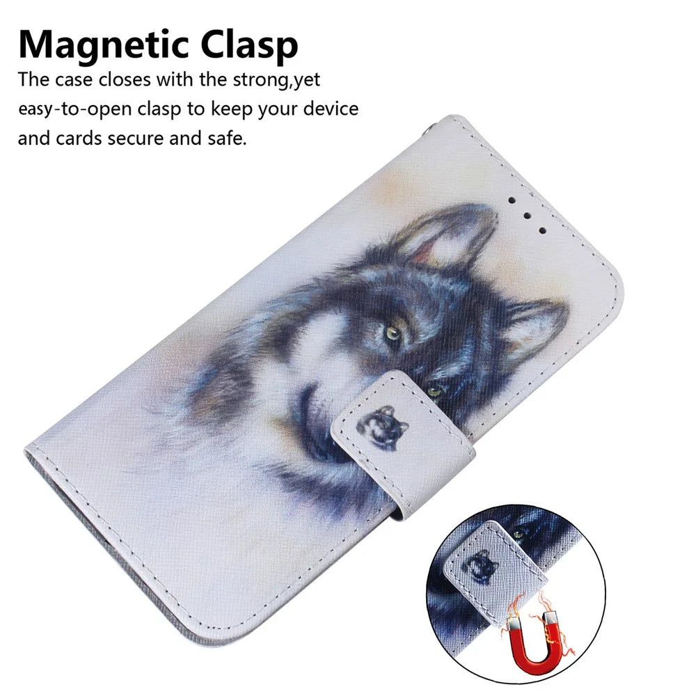 Wallet Stand Design Pattern Printing Dual Protective PU Leather + TPU Phone Case for Samsung Galaxy A13 4G - Wolf - 6