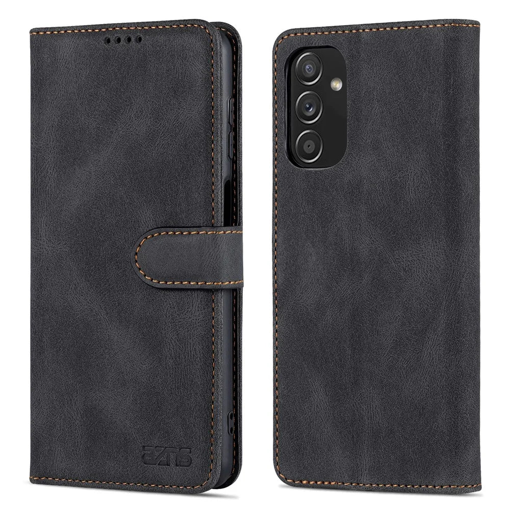 AZNS PU Leather Wallet Stand Full Protection Anti-fall Phone Case Cover for Samsung Galaxy M52 5G - Black - 1