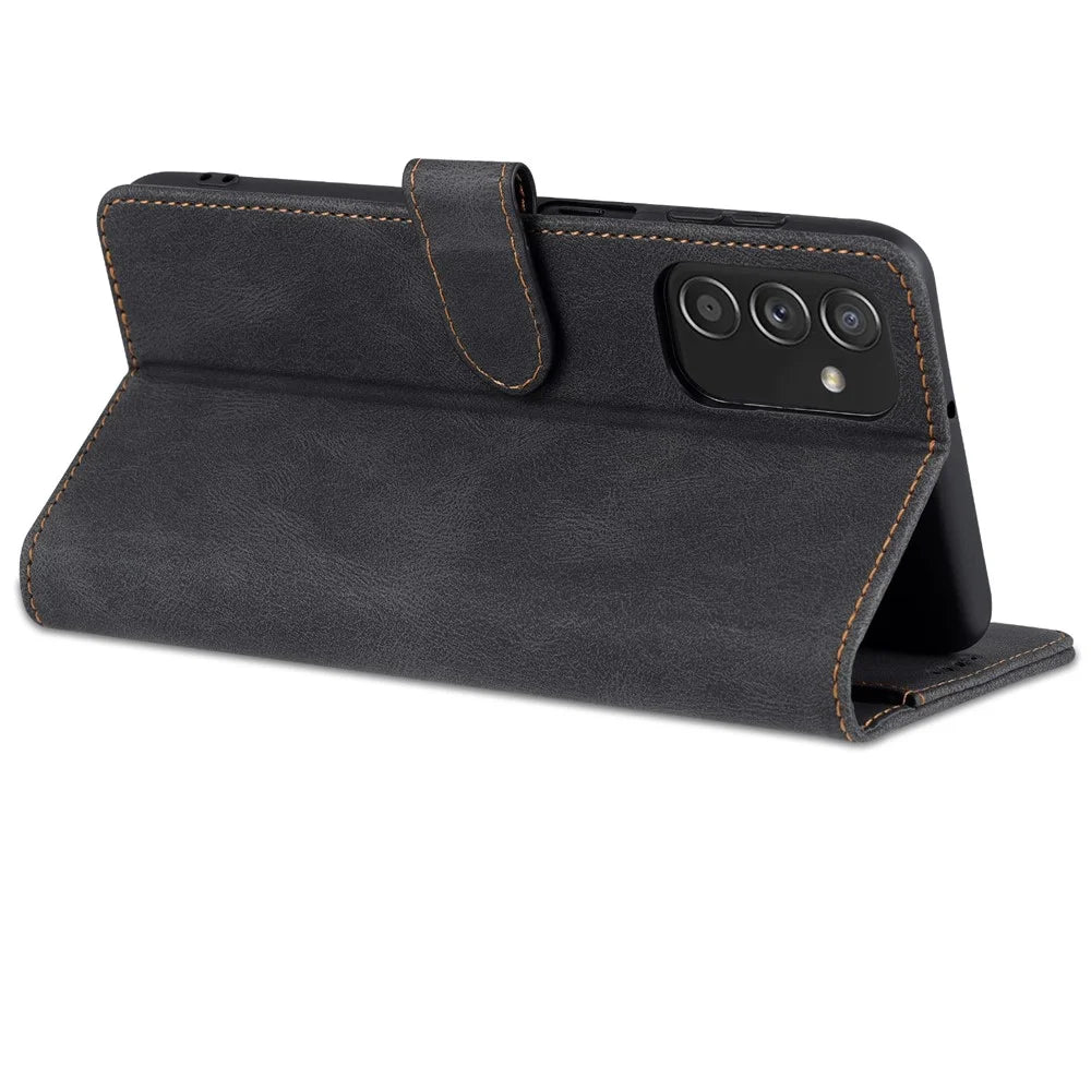 AZNS PU Leather Wallet Stand Full Protection Anti-fall Phone Case Cover for Samsung Galaxy M52 5G - Black - 5