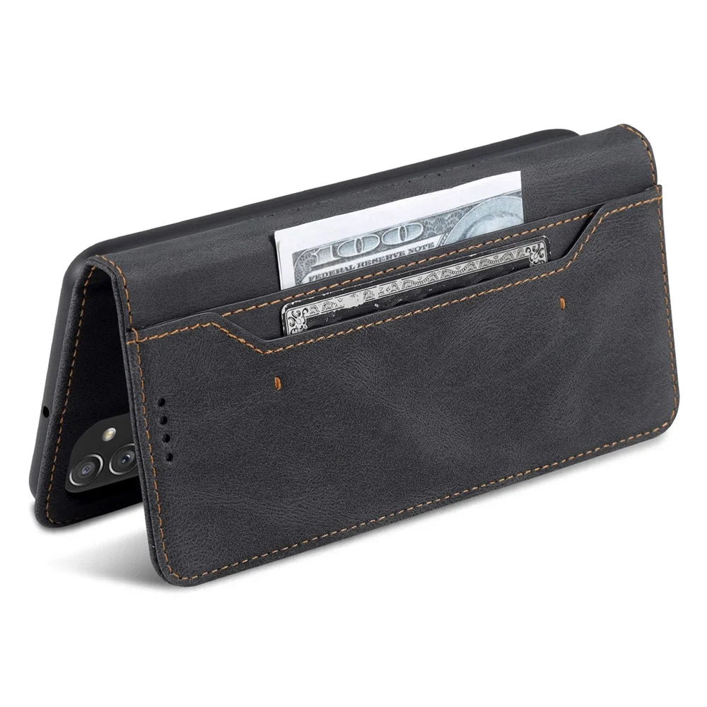 AZNS PU Leather Wallet Stand Full Protection Anti-fall Phone Case Cover for Samsung Galaxy M52 5G - Black - 6