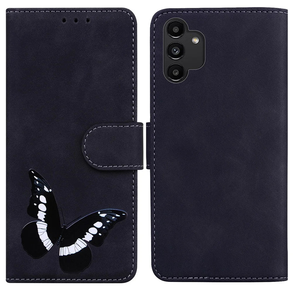 PU Leather + TPU Magnetic Closing Drop-proof Case Skin Touch Feeling Butterfly Printing Stand Phone Cover with Wallet for Samsung Galaxy A13 4G - Black - 1
