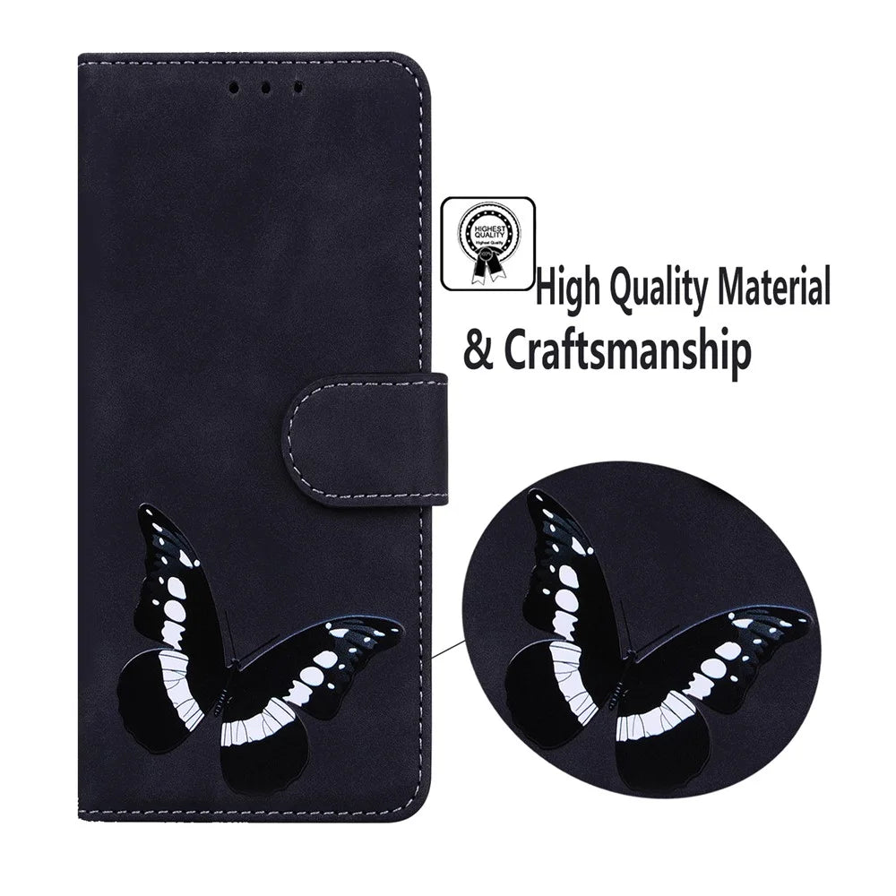 PU Leather + TPU Magnetic Closing Drop-proof Case Skin Touch Feeling Butterfly Printing Stand Phone Cover with Wallet for Samsung Galaxy A13 4G - Black - 4