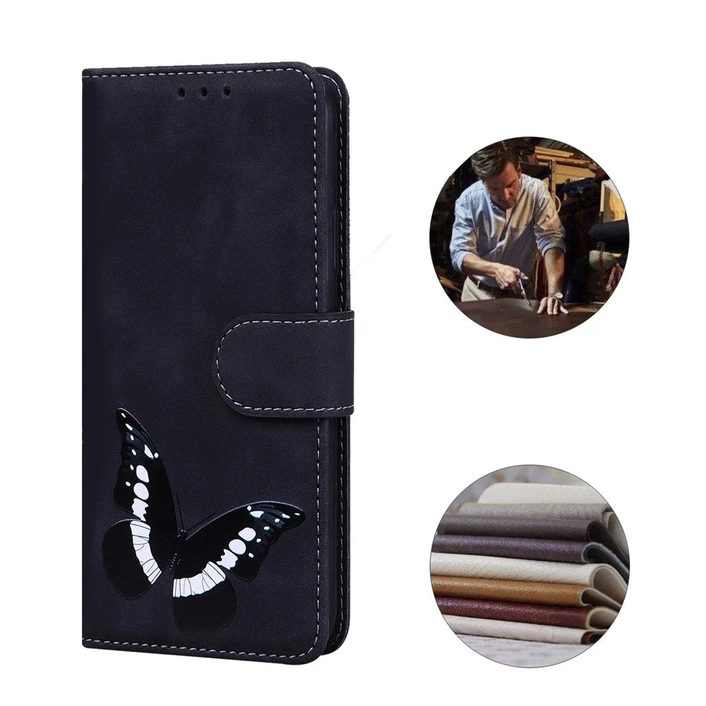 PU Leather + TPU Magnetic Closing Drop-proof Case Skin Touch Feeling Butterfly Printing Stand Phone Cover with Wallet for Samsung Galaxy A13 4G - Black - 5