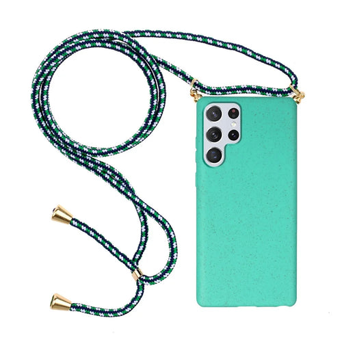 Eco-Friendly Wheat Straw + Flexible TPU Shockproof Drop Protection Case with Adjustable Lanyard for Samsung Galaxy S22 Ultra 5G - Cyan - 1